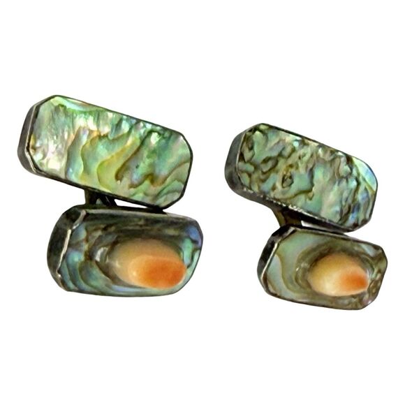 Antique 925 Sterling Silver Men's Cufflinks Abalone Mother Of Pearl Rectangle - Picture 3 of 16